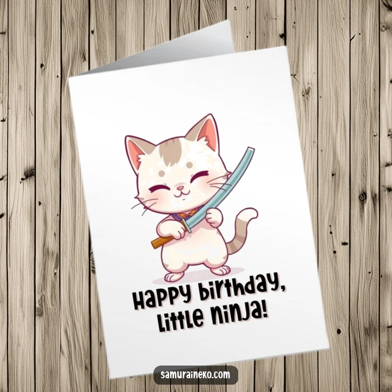 Funny Free Printable Birthday Card showing a cat holding a miniature bamboo sword with playful, intense focus and a slight smirk.