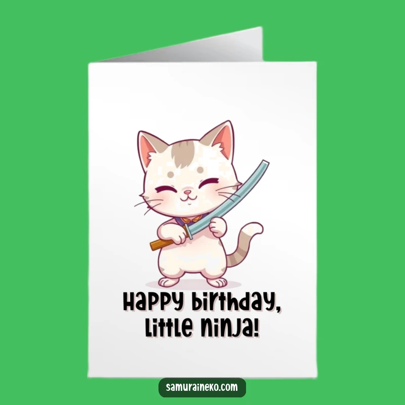 Free Printable Birthday Card: Playful Cat Swordsman, Bamboo Blade Fun, Downloadable Gift