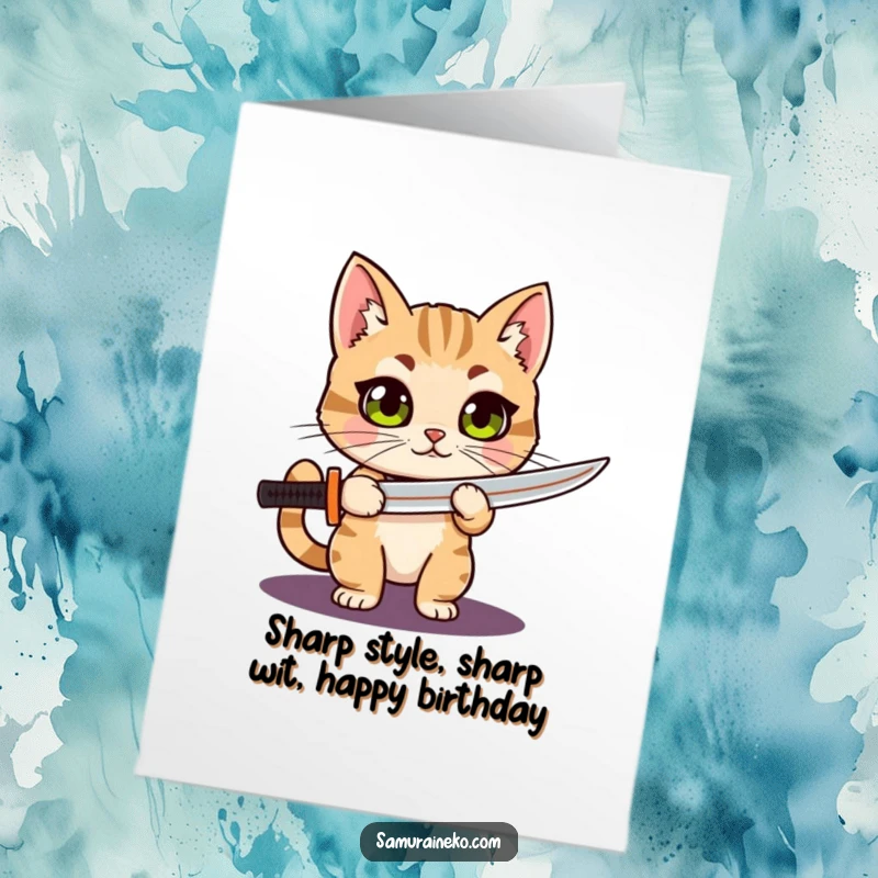 Funny Free Printable Birthday Card: Curious cat with big eyes holds a tiny katana proudly, ready for birthday fun.