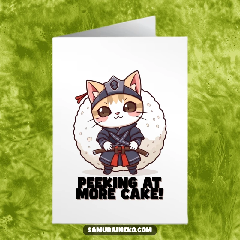 Funny Free Printable Birthday Card: Mischievous cat samurai peeking with playful eyes from behind a huge rice ball.