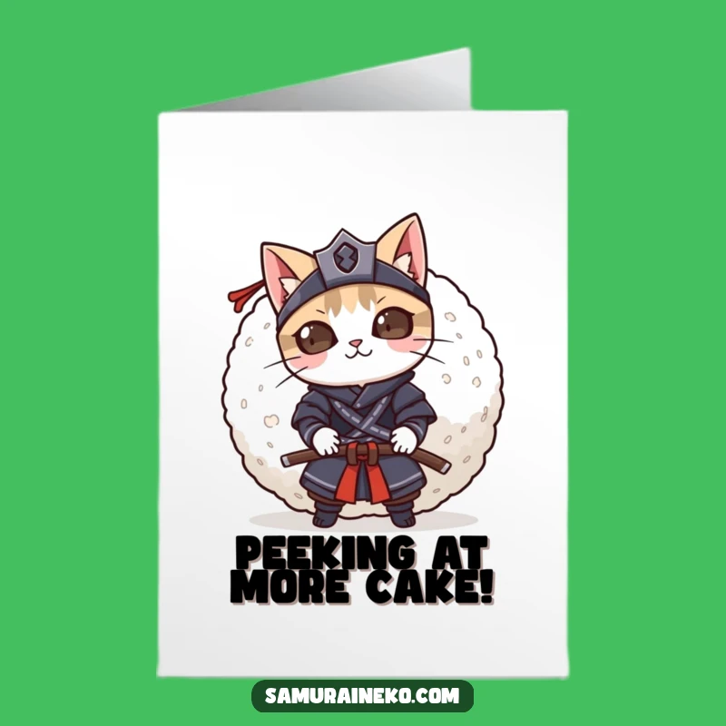 Free Printable Birthday Card: Rice Ball Cat Samurai, Funny Downloadable