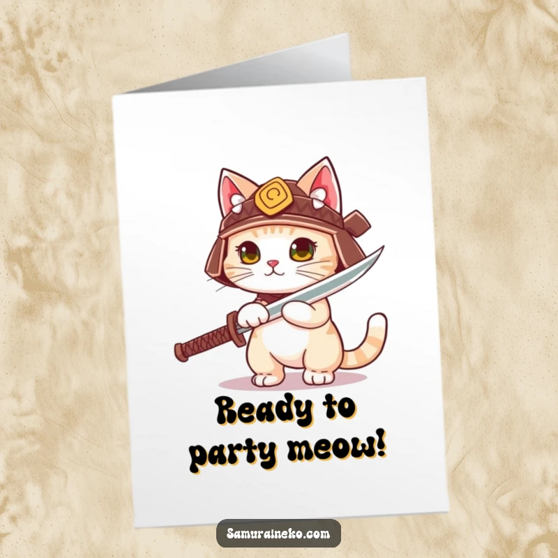 Funny Free Printable Birthday Card: A cute cat in a tiny samurai helmet playfully draws its sword, ready for birthday fun.