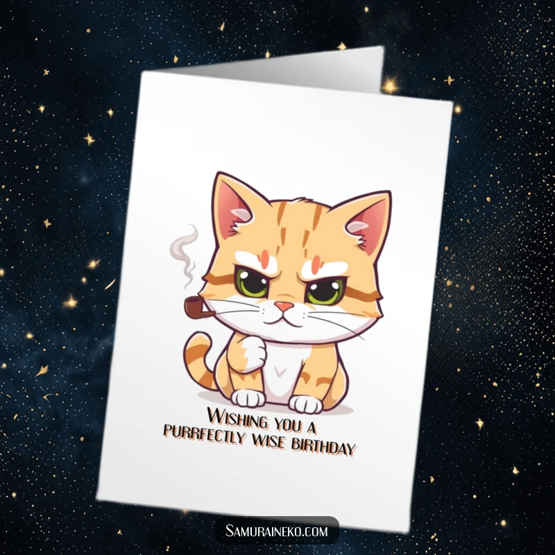 Funny Free Printable Birthday Card: Cat with Determined Gaze Smoking a Tiny Pipe