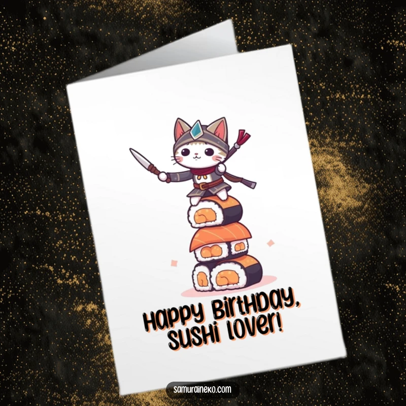 Funny Free Printable Birthday Card: Small cat warrior precariously balanced atop a wobbly tower of sushi.