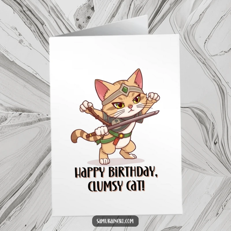 Funny Free Printable Birthday Card showing a cat warrior attempting a dramatic pose but slightly losing balance with a comical look.