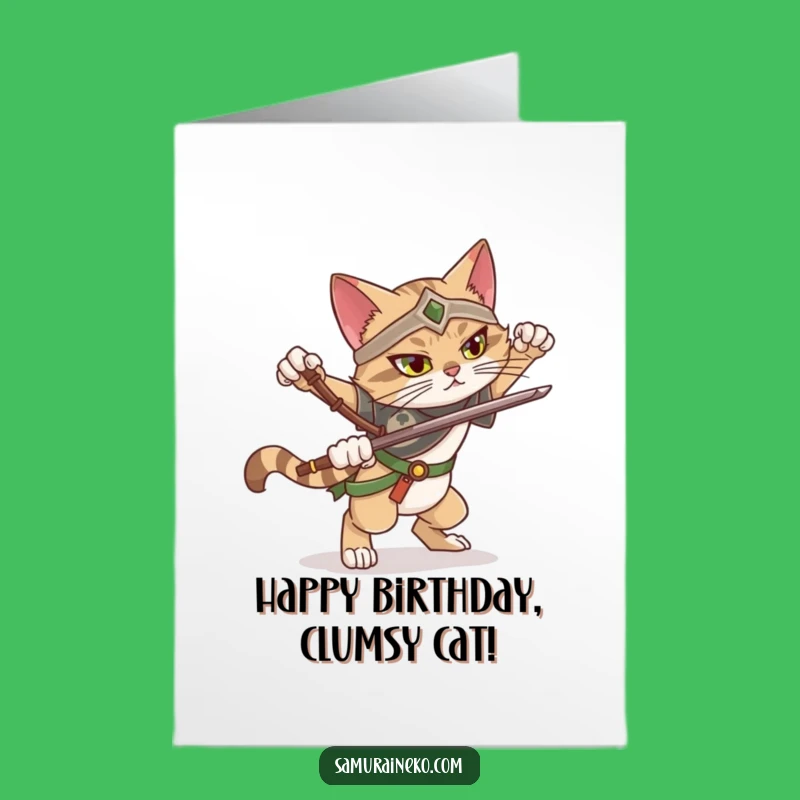 Free Printable Birthday Card: Wobbling Cat Warrior, Epic Pose Fail, Downloadable Gift