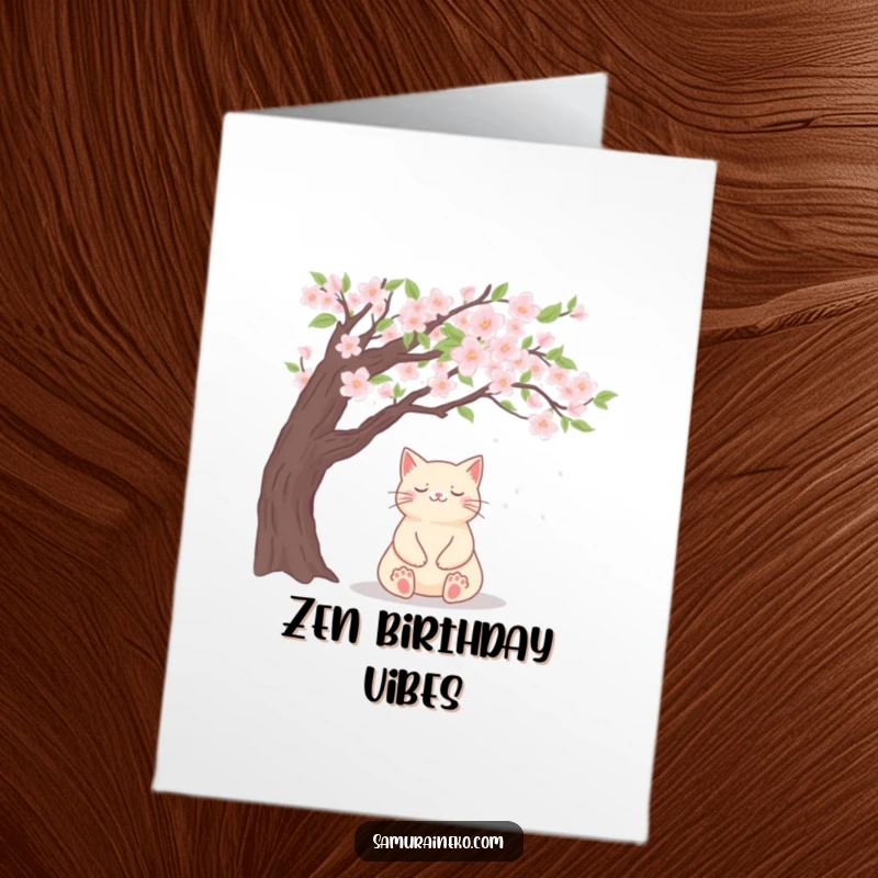 Funny Free Printable Birthday Card: A cat meditating blissfully under a cherry blossom tree, smiling.