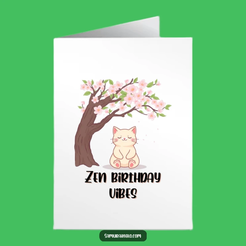 Free Printable Birthday Card: Zen Cat Blossom, Peaceful Funny Downloadable Gift