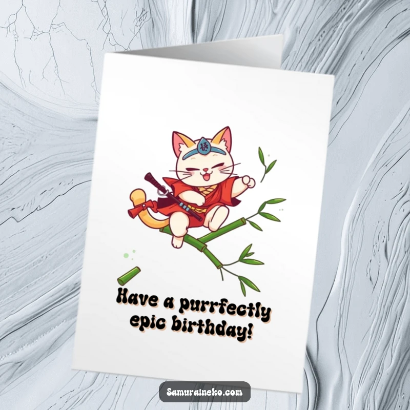 Funny Free Printable Birthday Card: A cat samurai leaping gracefully over bamboo, mid-flourish, celebrating a birthday with style.