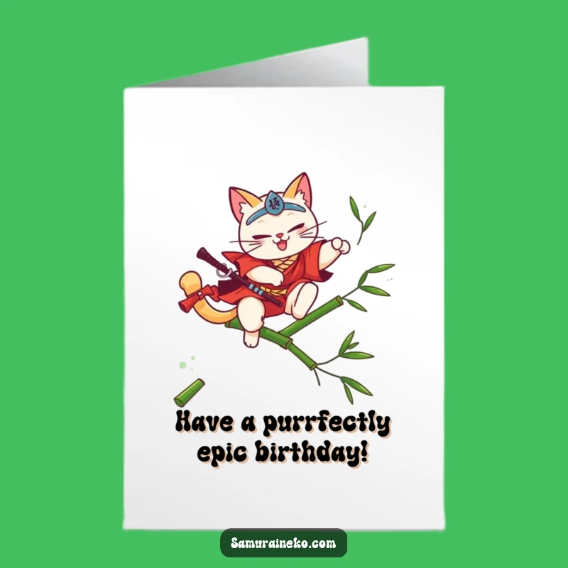 Free Printable Cat Samurai Birthday Card: Funny Downloadable Gift For Agile Celebrations