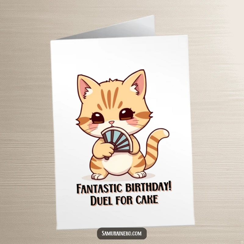 Funny Free Printable Birthday Card: A cat artistically holds a small battle fan, poised for a whimsical duel with a playful spirit.