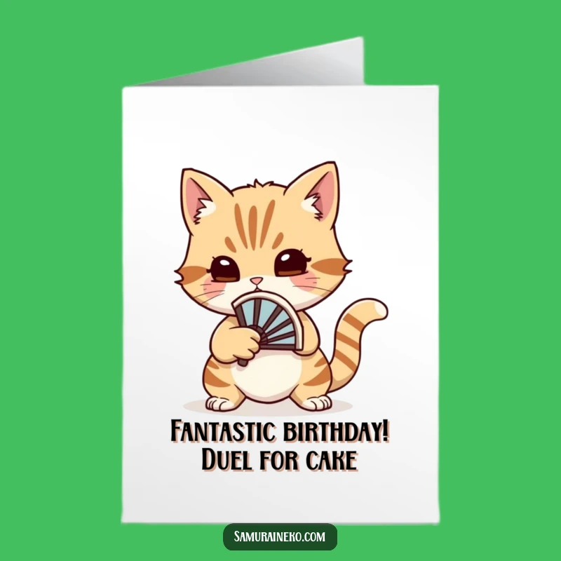 Free Printable Funny Birthday Card: Cat Fan Duelist - Hilarious Downloadable Gift