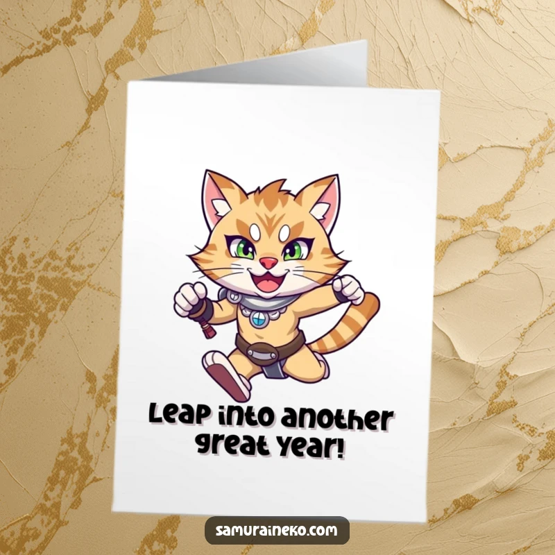 Funny Free Printable Birthday Card: A determined feline warrior cat leaps joyfully through the air with a happy expression.