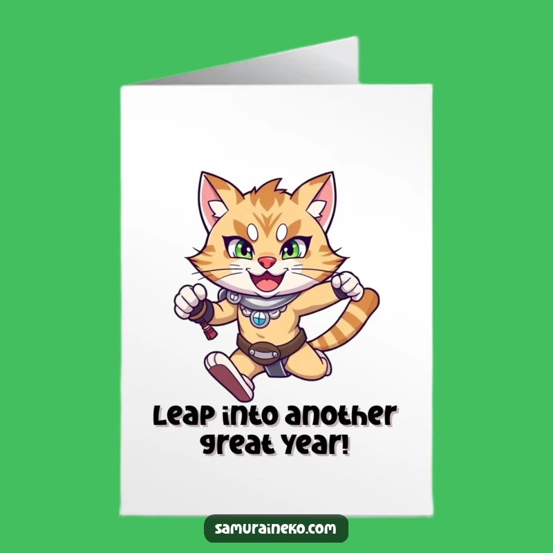 Free Printable Funny Cat Birthday Card: Leaping Warrior Cat, DIY Downloadable Gift