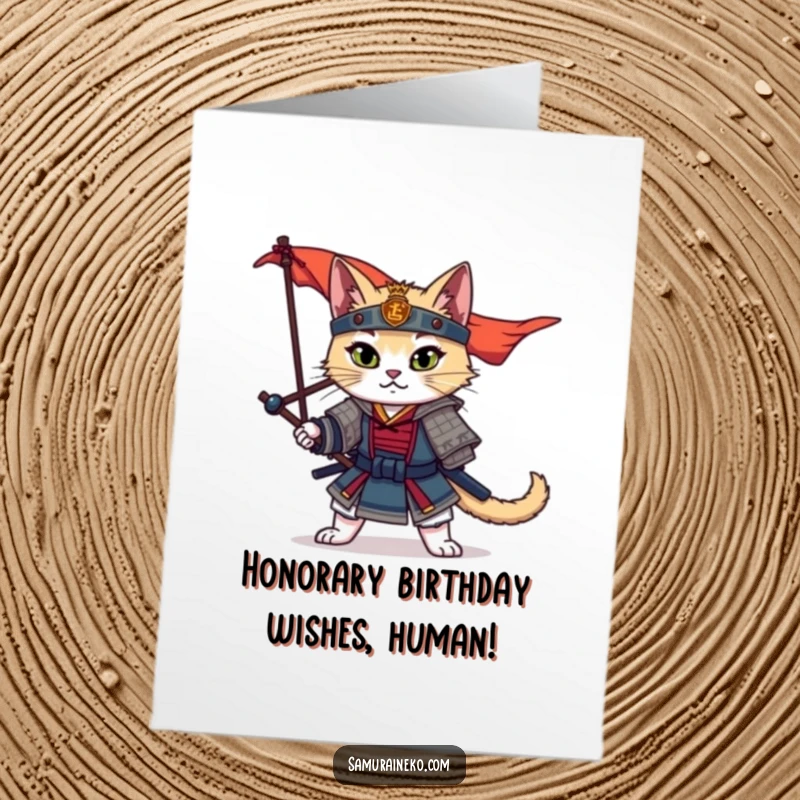 Funny Free Printable samurai cat card with a dramatic pose and fluttering banner, ready for a warrior's birthday wish.