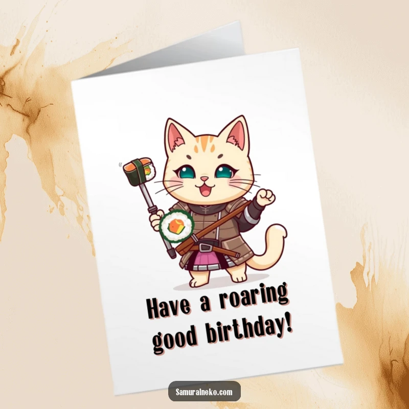 Funny Free Printable Birthday Card: A cat in samurai armor happily holds a sushi roll, ready for celebration.