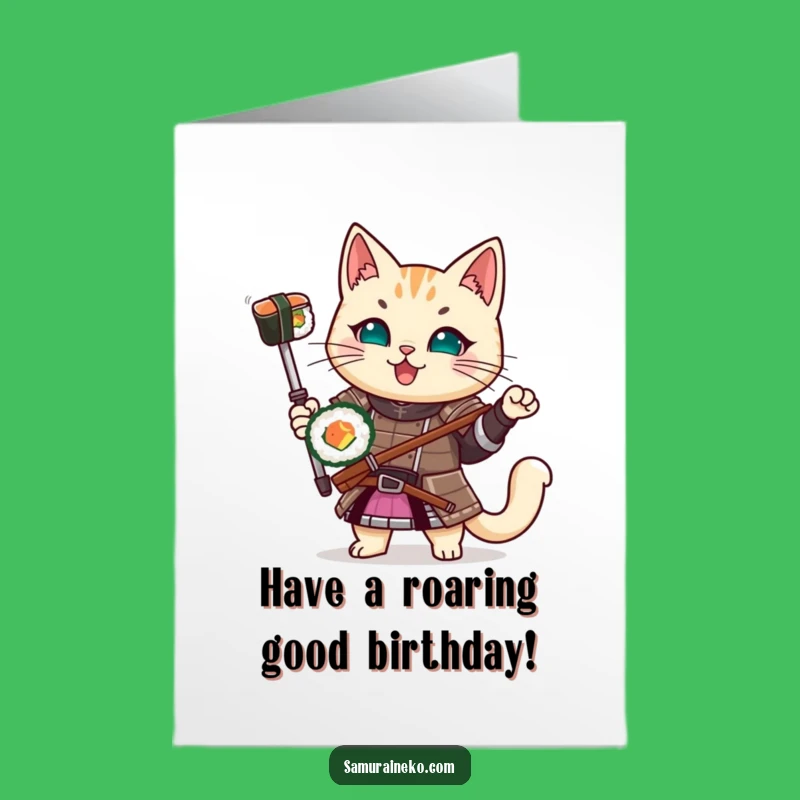 Funny Samurai Cat Sushi Free Printable Birthday Card - Hilarious Downloadable Gift