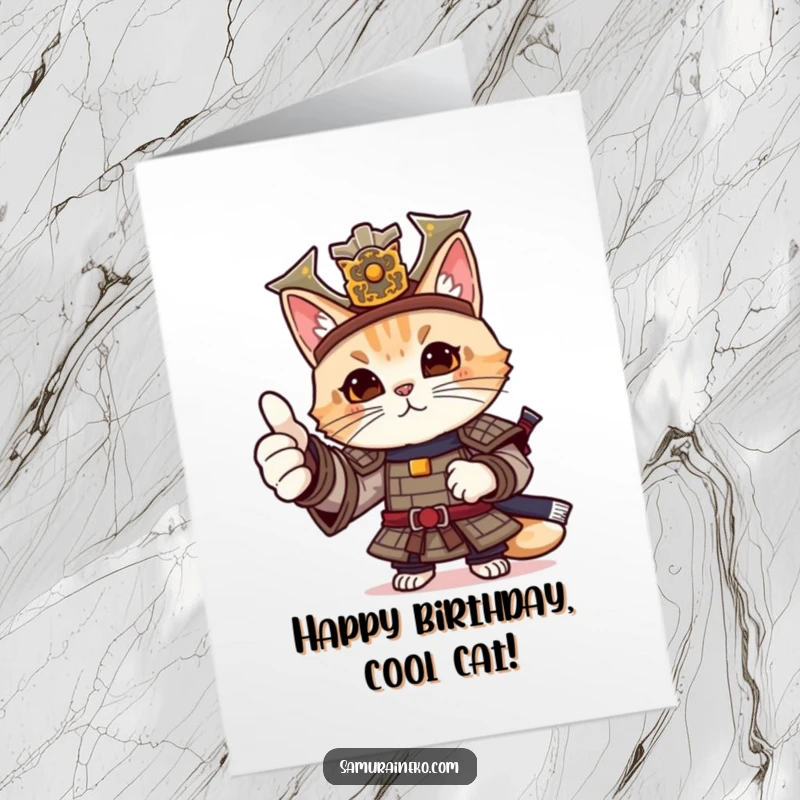 Funny Free Printable Birthday Card: A cat in detailed samurai armor giving a confident and friendly thumbs-up.