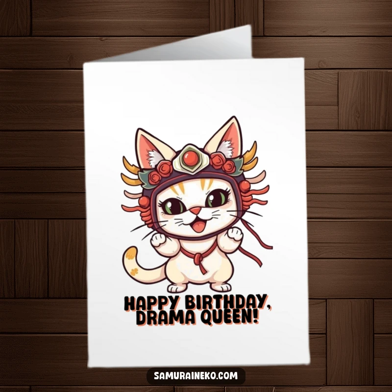 Funny Free Printable Birthday Card: A cat wearing a dramatic traditional mask, striking an over-the-top, comical pose for a birthday.