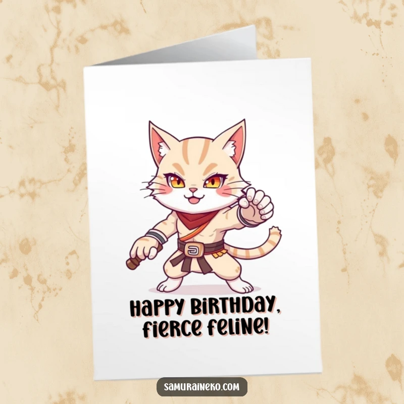 Funny Free Printable Birthday Card: An adorable cat warrior strikes a powerful and cute pose for a birthday.