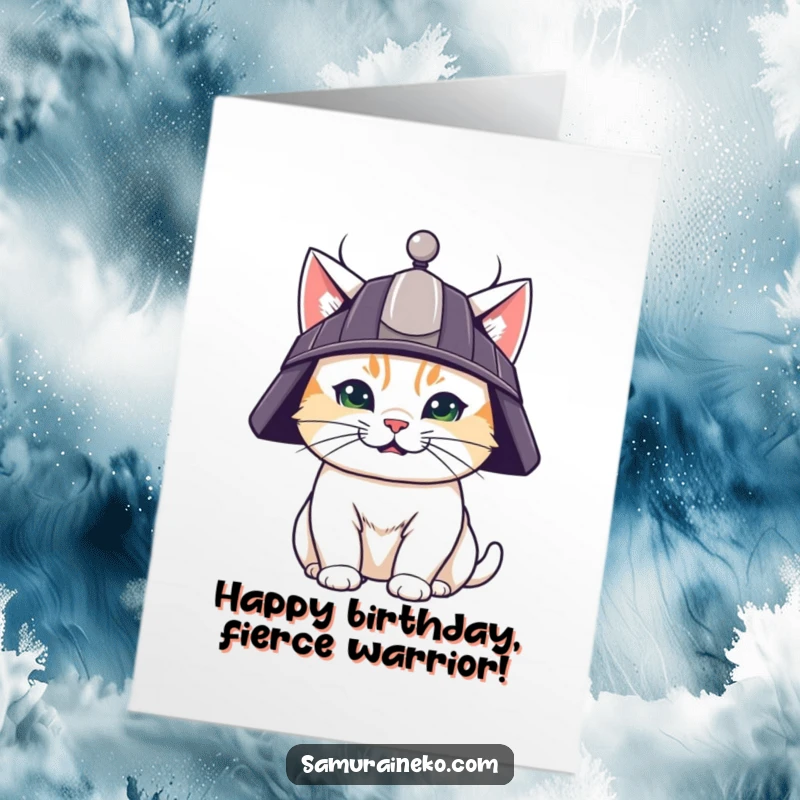 Funny Free Printable Birthday Card showing a cute cat in a tiny samurai helmet with a fierce, determined grin.