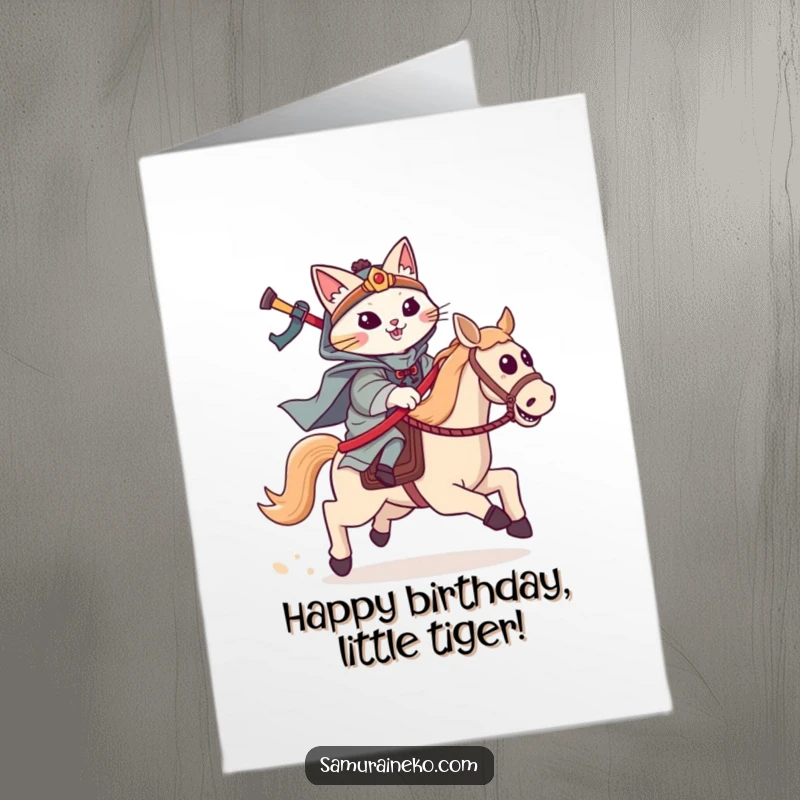 Funny Free Printable Birthday Card: A determined cat samurai gleefully charging forward on a toy hobby horse.