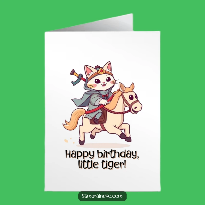 Free Printable Birthday Card: Cat Samurai Hobby Horse, Funny Downloadable Gift