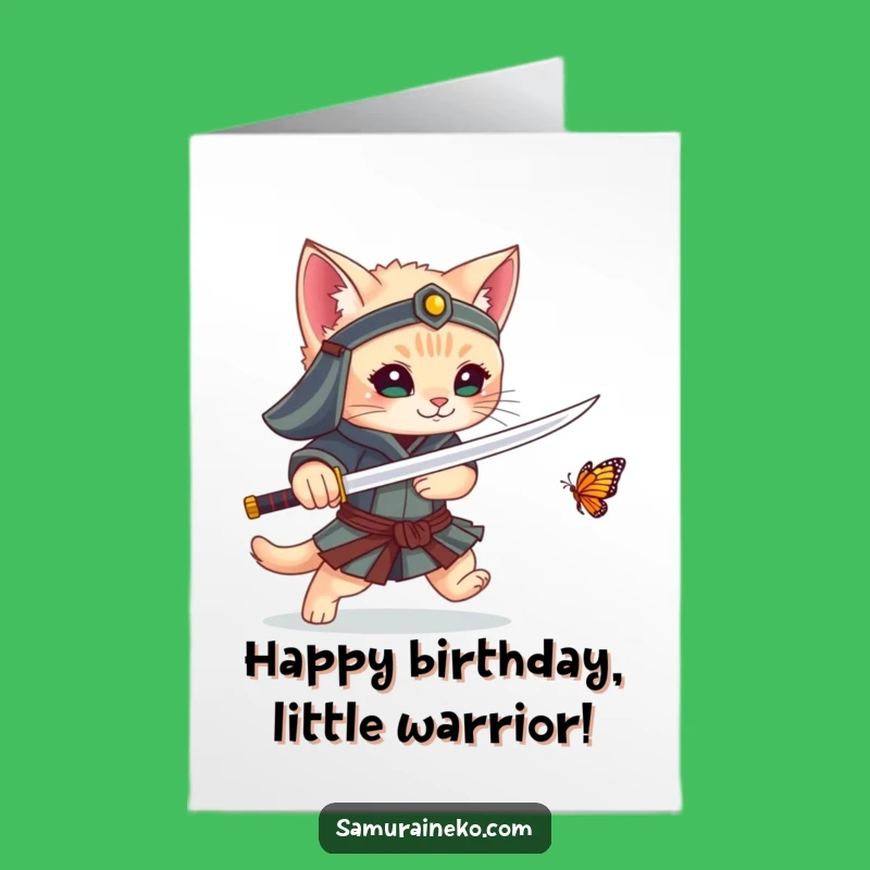 Free Printable Birthday Card: Kitten Samurai's Butterfly Chase - Hilarious Downloadable Gift!
