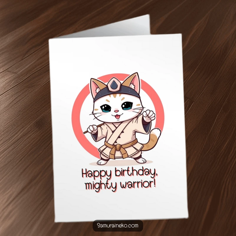 Funny Free Printable Birthday Card: Cat in samurai outfit smiling, practicing martial arts with birthday cheer.