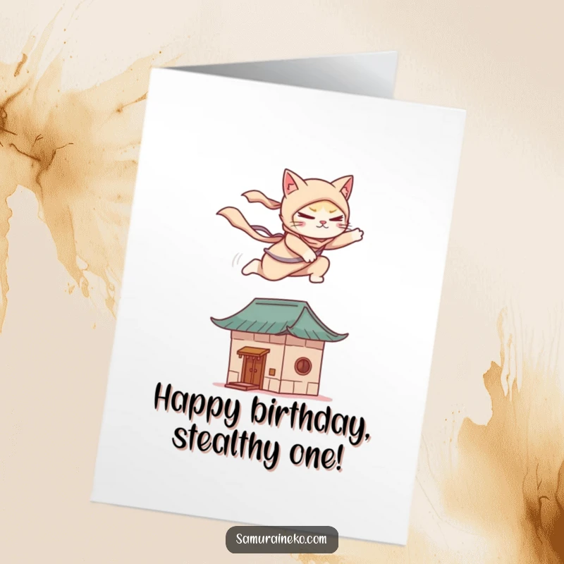 Funny Free Printable Birthday Card: A cat ninja gracefully leaps onto a stylized rooftop for a birthday surprise.