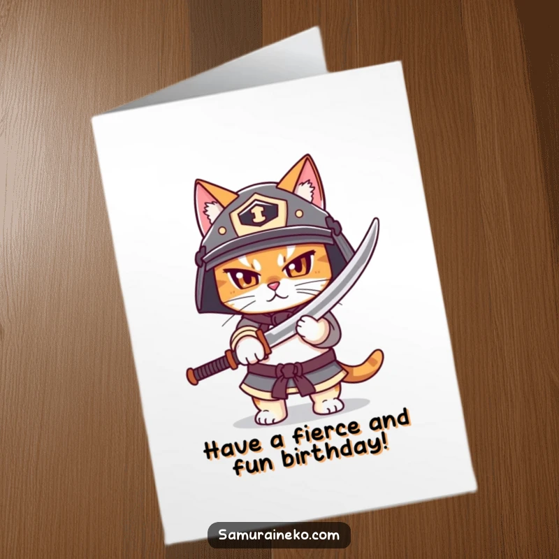 Funny Free Printable Birthday Card: Determined Cat in Helmet Unsheathing Tiny Katana for Celebration