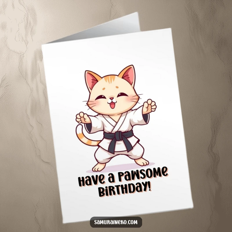 Funny Free Printable Birthday Card: A happy cat doing karate poses with its tail wagging enthusiastically.