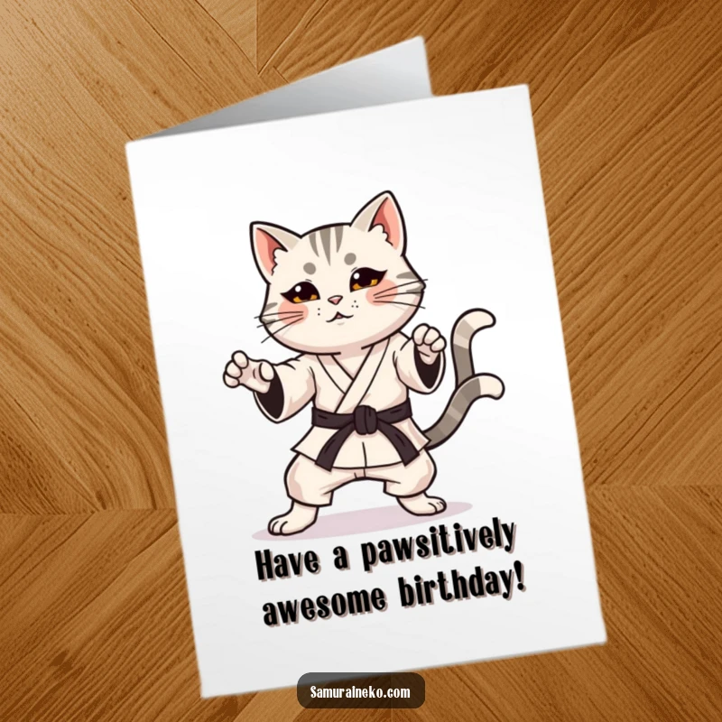 Funny Free Printable Birthday Card: A cat in a karate stance poses with a happy, wagging tail.
