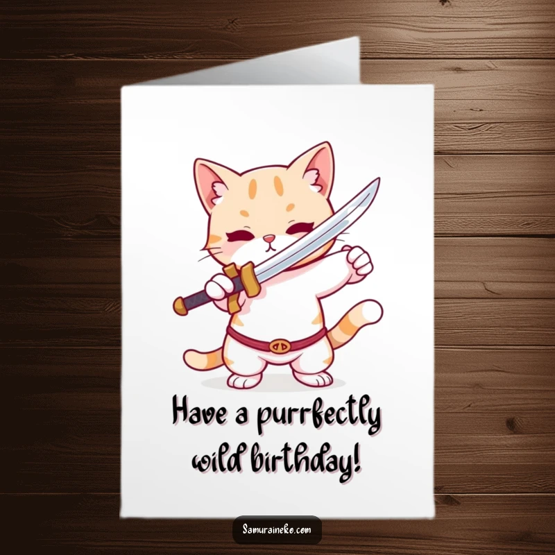 Funny Free Printable Birthday Card: A cute cat wielding a tiny sword in a playful, ready-to-pounce pose.