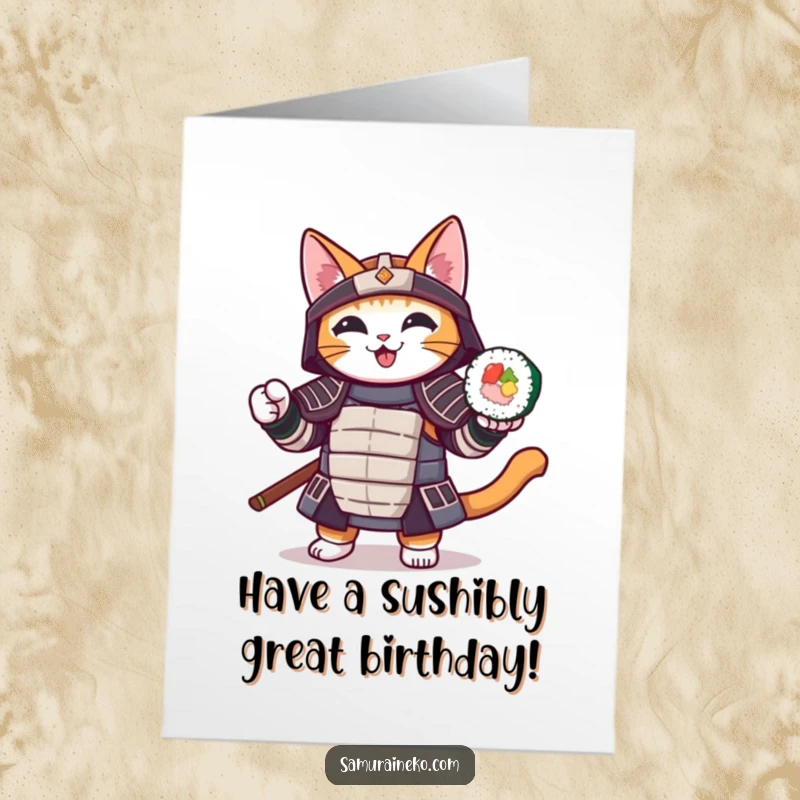 Funny Free Printable Birthday Card: A cat in samurai armor smiles while holding a sushi roll like a weapon.
