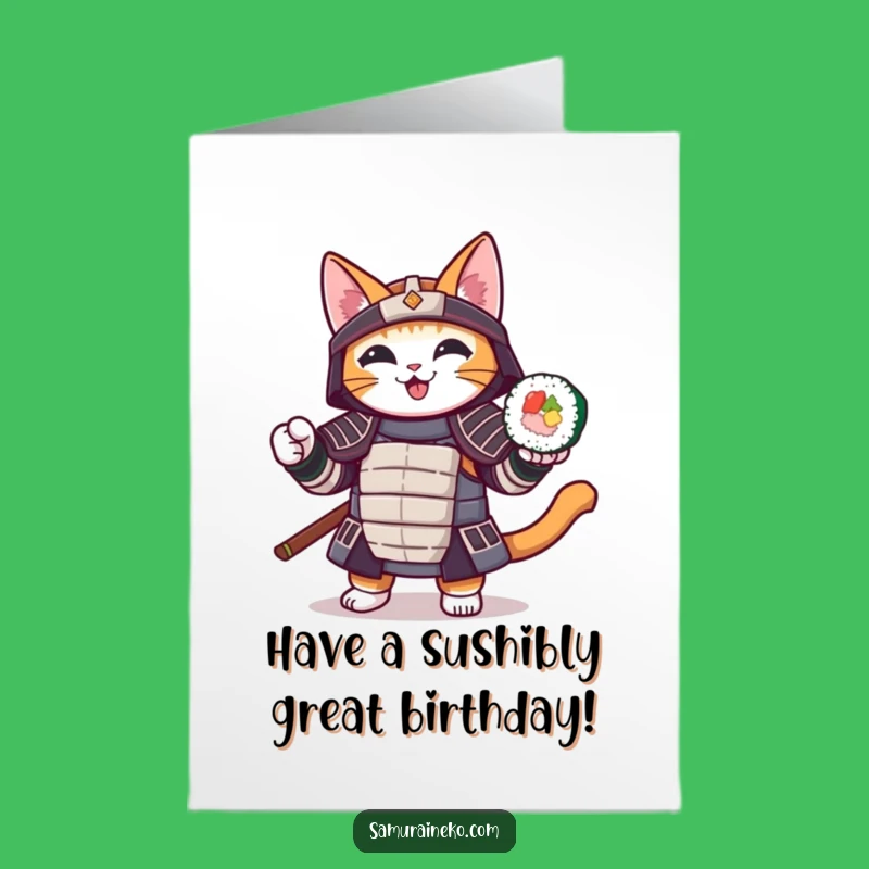 Free Printable Funny Cat Birthday Card: Samurai Sushi Cat, DIY Downloadable Gift