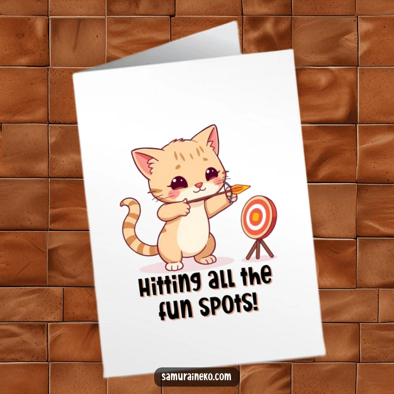 Funny Free Printable Birthday Card: A focused cat archer aims a tiny arrow at a playful target, ready for birthday wishes.