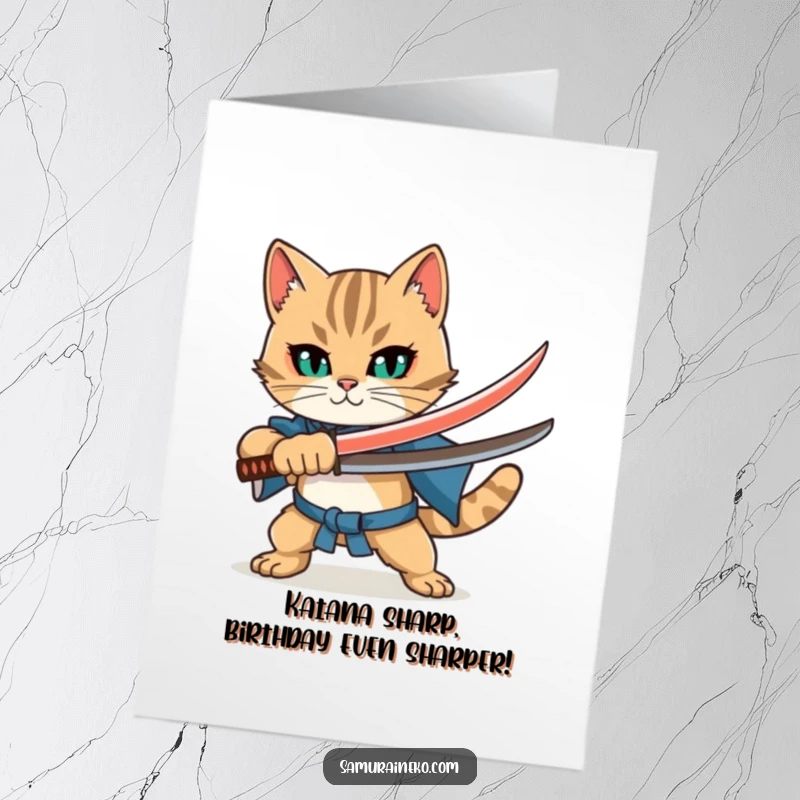 Funny Free Printable Birthday Card: Confident cat samurai with tiny katana striking a fierce pose, ready to celebrate.