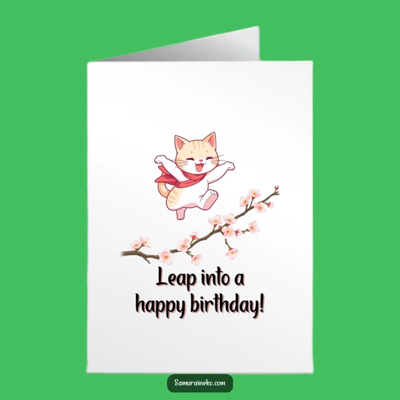 Free Printable Birthday Card: Cat Hero Leaps Cherry Blossoms Funny Gift