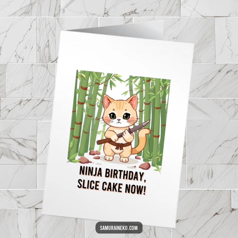 Funny Free Printable Birthday Card featuring a determined samurai cat with a tiny katana in a bamboo forest.
