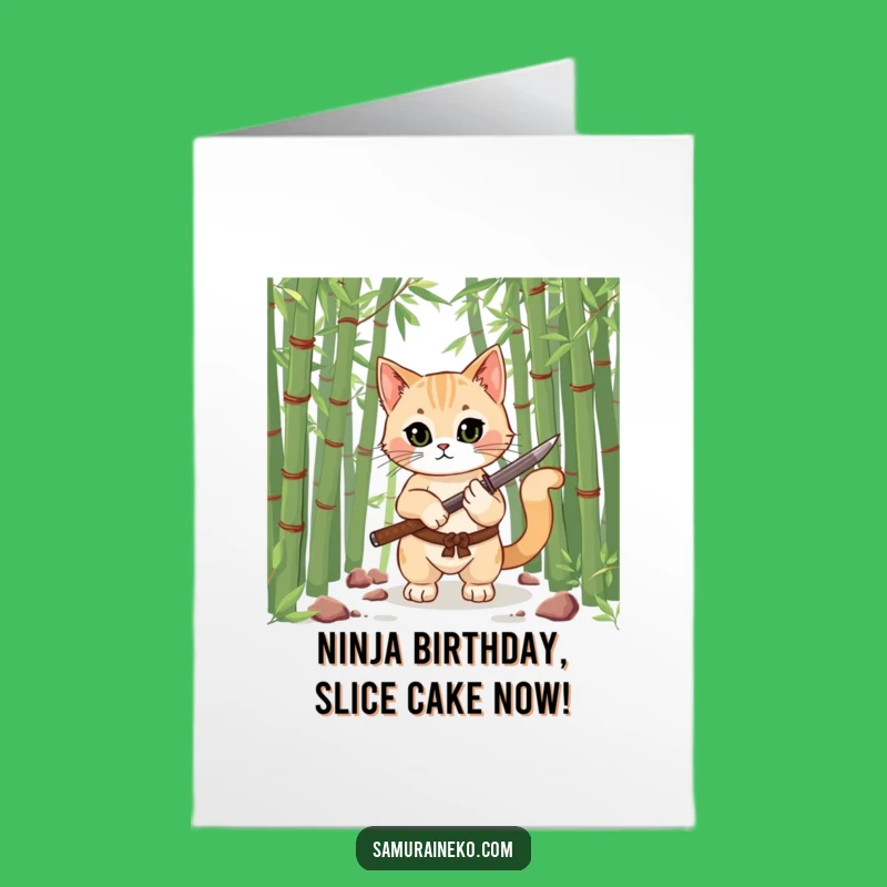 Free Printable Birthday Card: Funny Samurai Cat with Katana, Downloadable Greeting