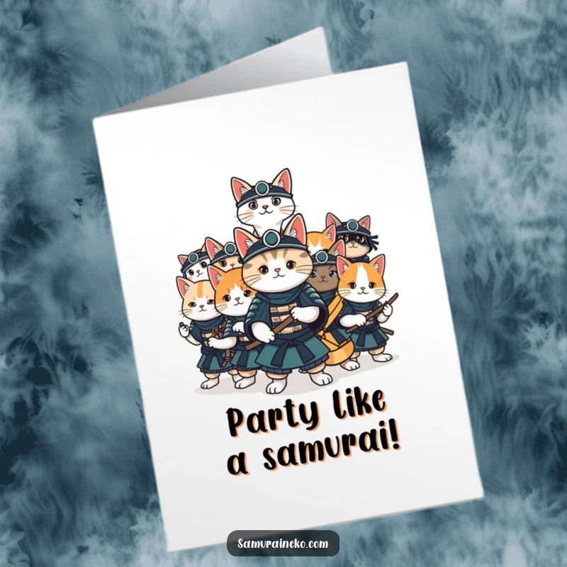 Funny Free Printable Birthday Card: A squad of cats striking dynamic samurai poses, looking mischievous and ready to party.