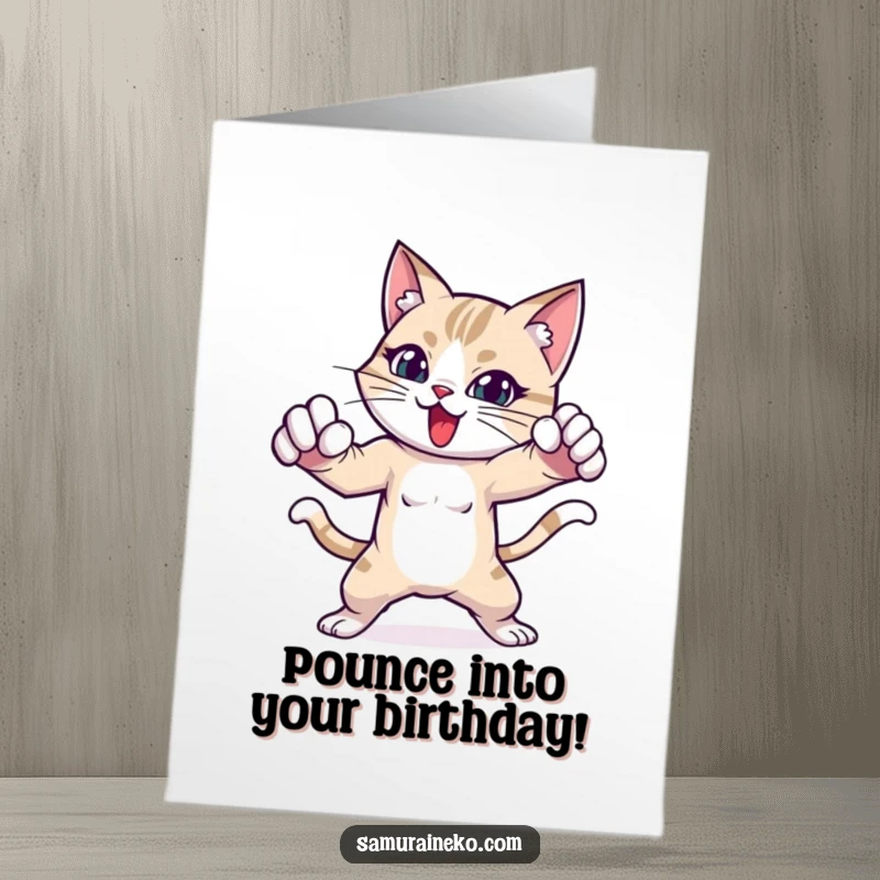 Funny Free Printable Birthday Card: A cat character in a dynamic, playful fighting stance, ready for fun.