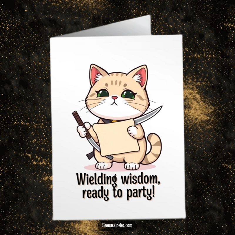 Funny free printable birthday card: Cat proudly holds a miniature katana, clutching a tiny scroll.