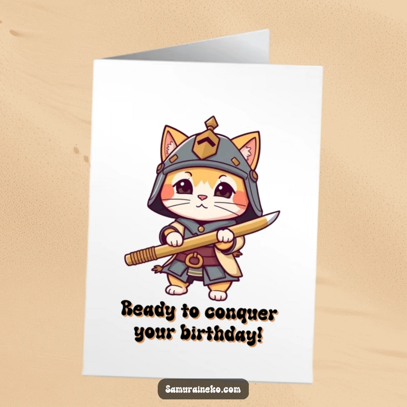 Funny Free Printable Birthday Card: A cute cat in a tiny helmet wields a bamboo sword, ready for birthday action.