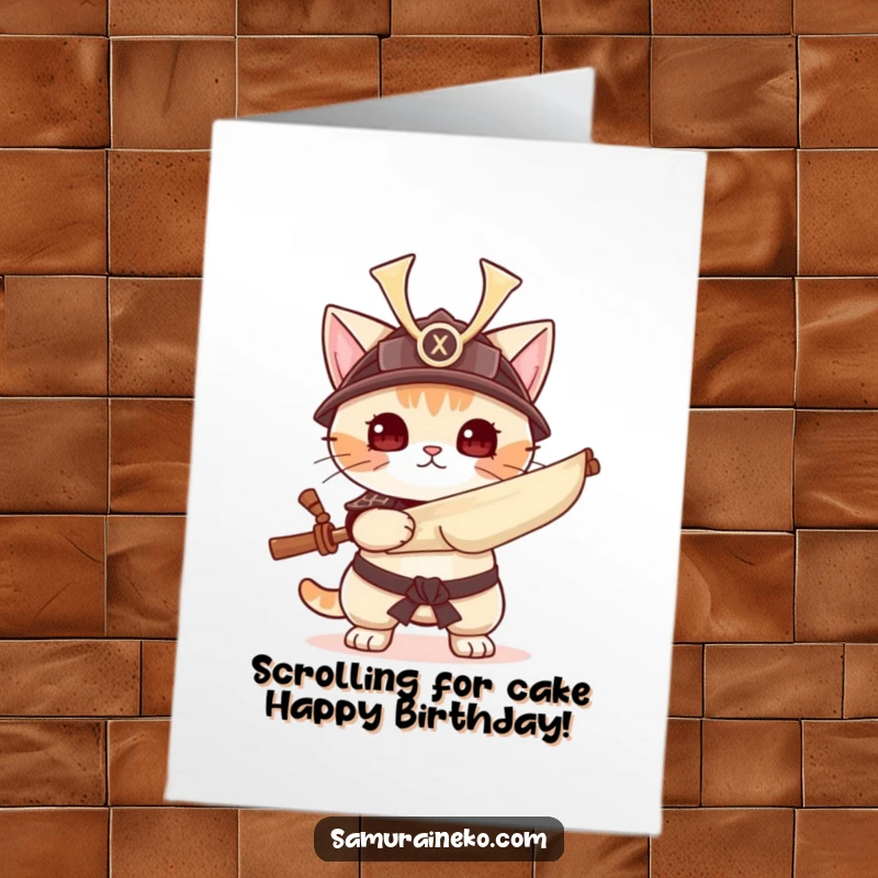 Funny Free Printable Birthday Card: A cat in a tiny samurai helmet holds a rolled-up scroll, ready to deliver birthday wishes.