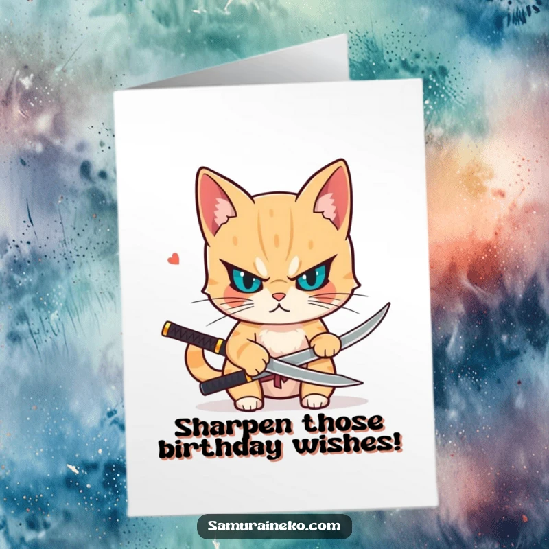 Funny Free Printable Birthday Card: A determined cat draws a small katana with intense focus.