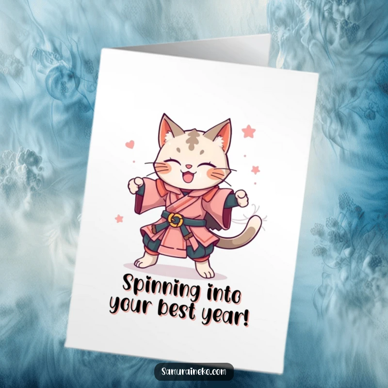 Funny Free Printable Birthday Card: Cat samurai in a joyful, celebratory spin, radiating pure happiness.
