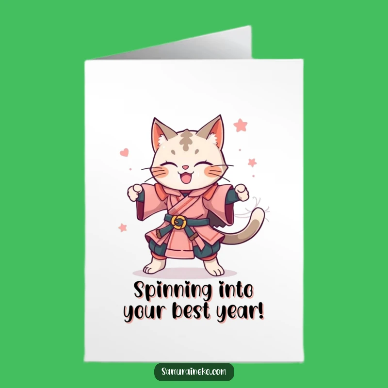 Free Printable Birthday Card: Joyful Cat Samurai Spin for a Happy Celebration!