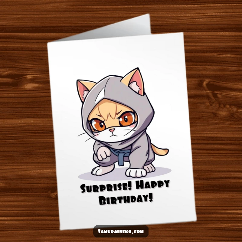 Funny Free Printable Birthday Card: A playful cat ninja crouched low, eyes gleaming, ready to pounce with birthday wishes.